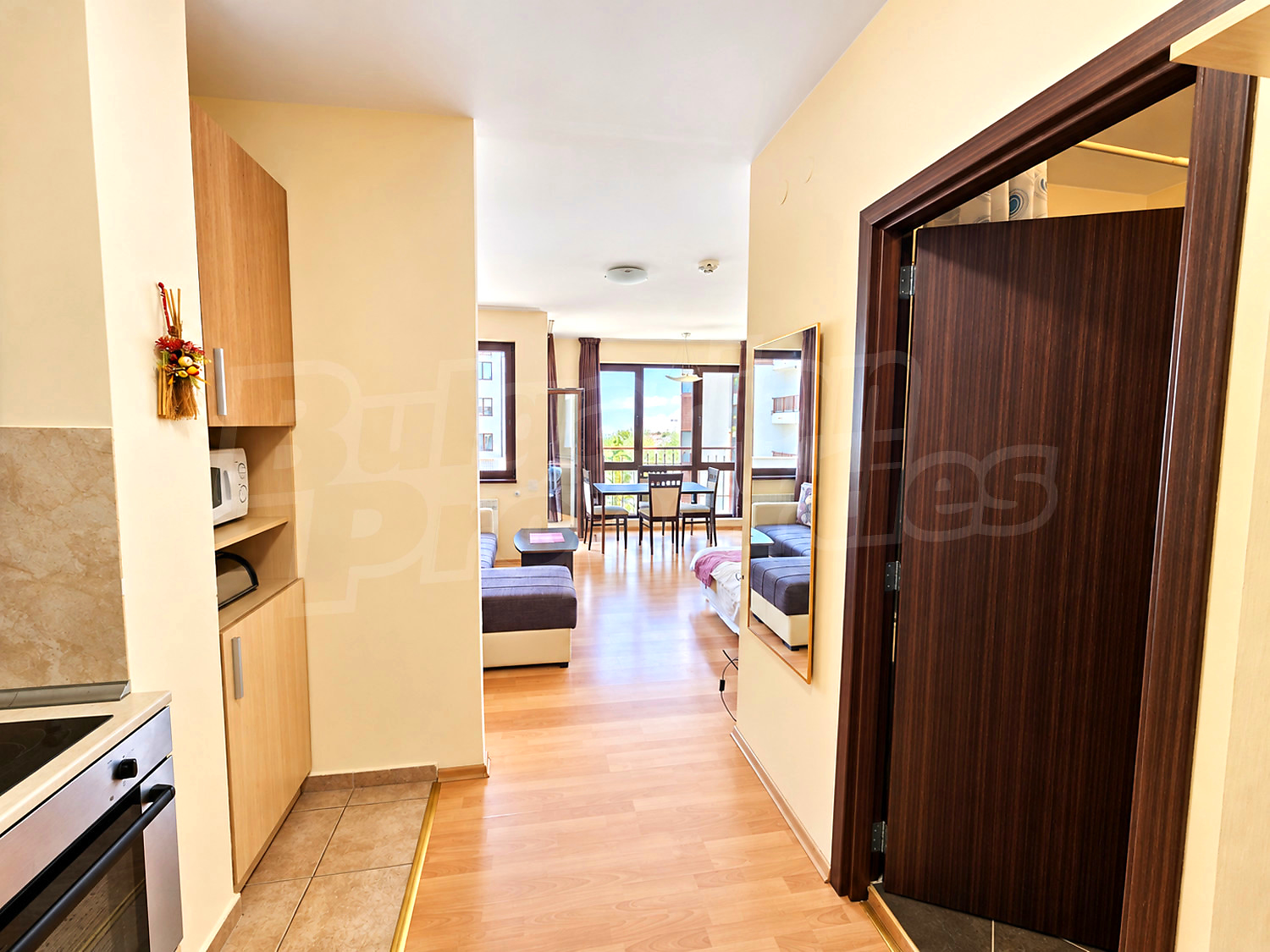 inside, kitchen, living room, furnished, view from balcony