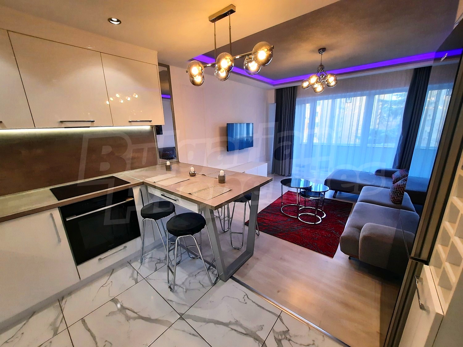 inside, kitchen, living room, furnished