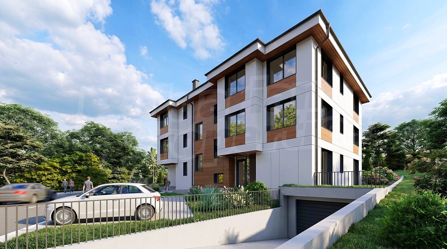 facade, outside, parking, green area