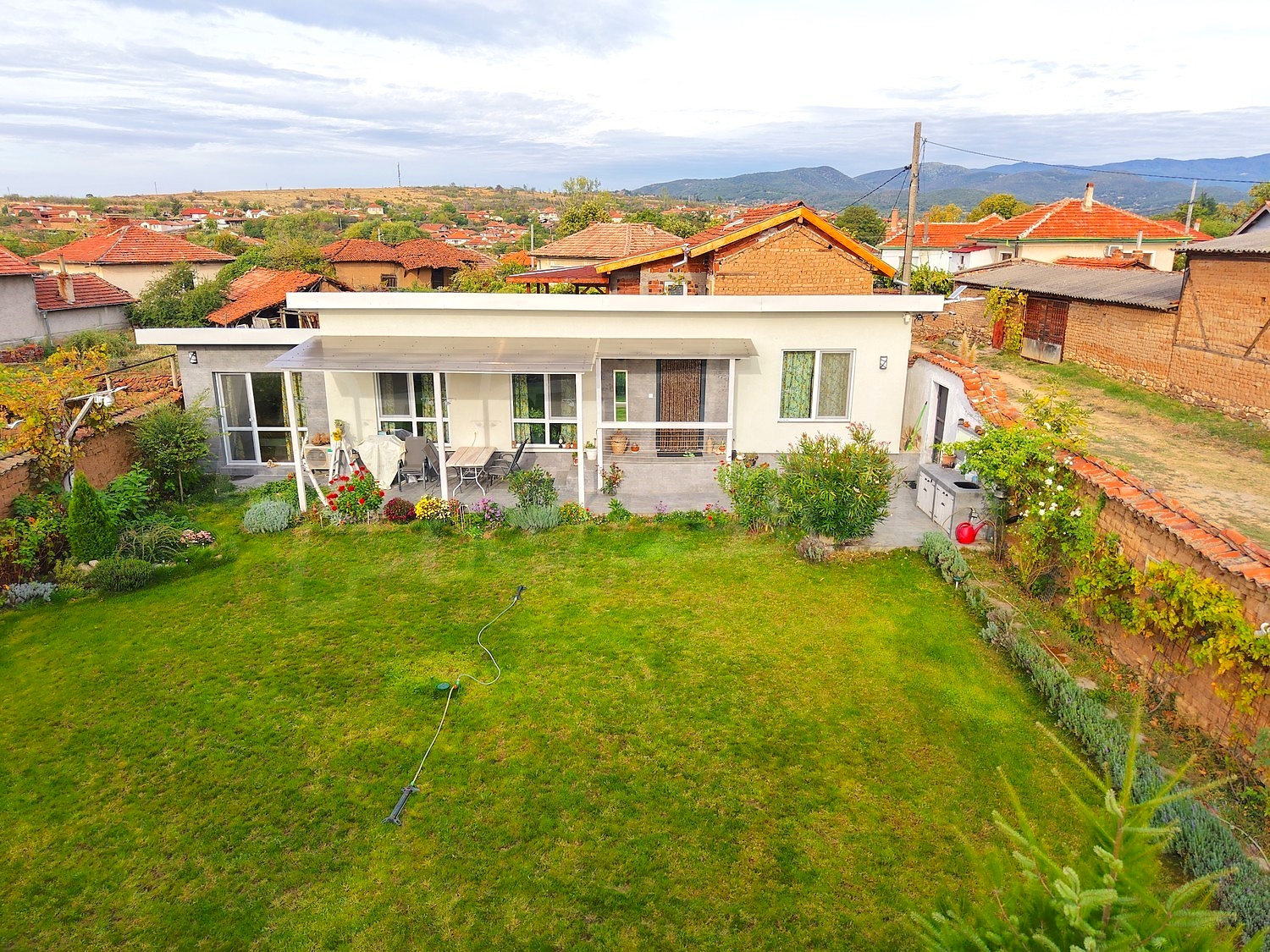 facade, garden, outside, green area, mountain