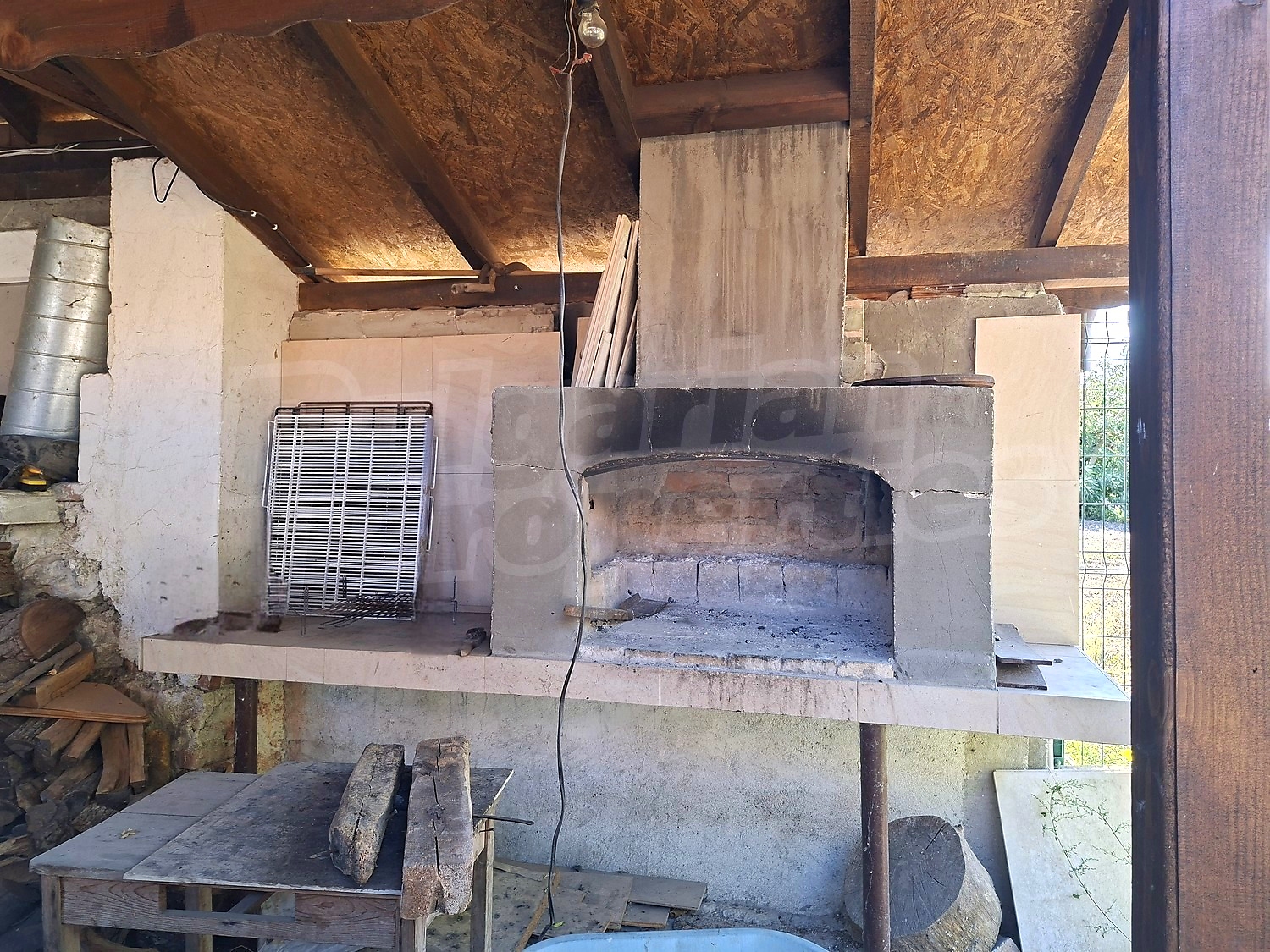outside, fireplace