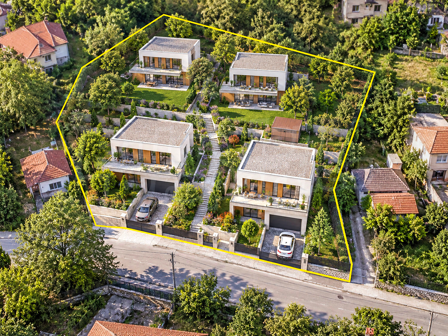 outside, facade, garden, parking, green area