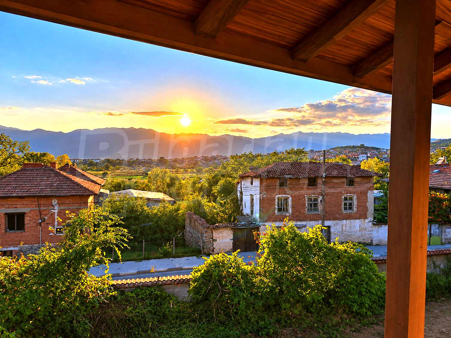 outside, view from balcony, mountain, green area