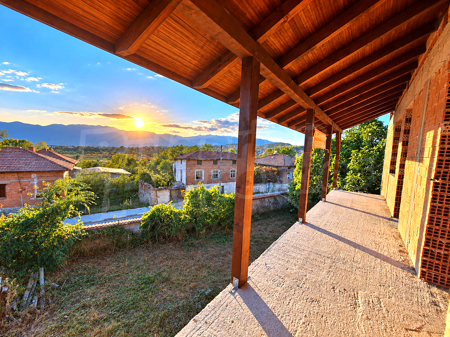 balcony, outside, view from balcony, mountain, facade, garden