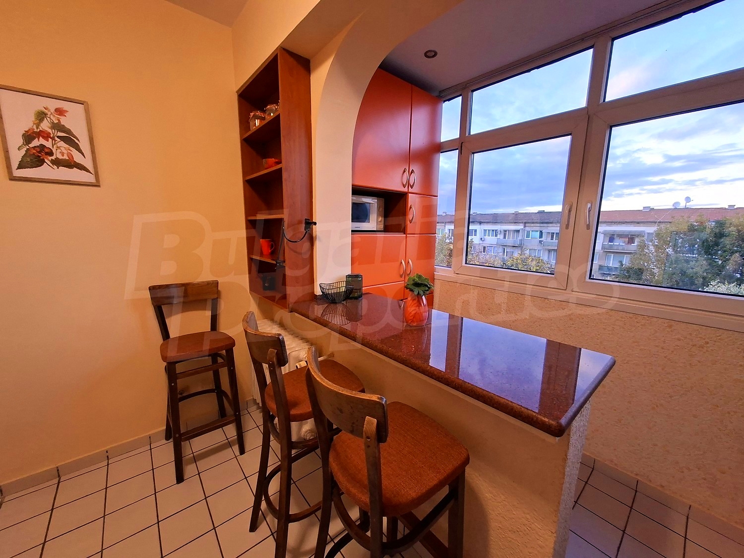 inside, kitchen, view from balcony