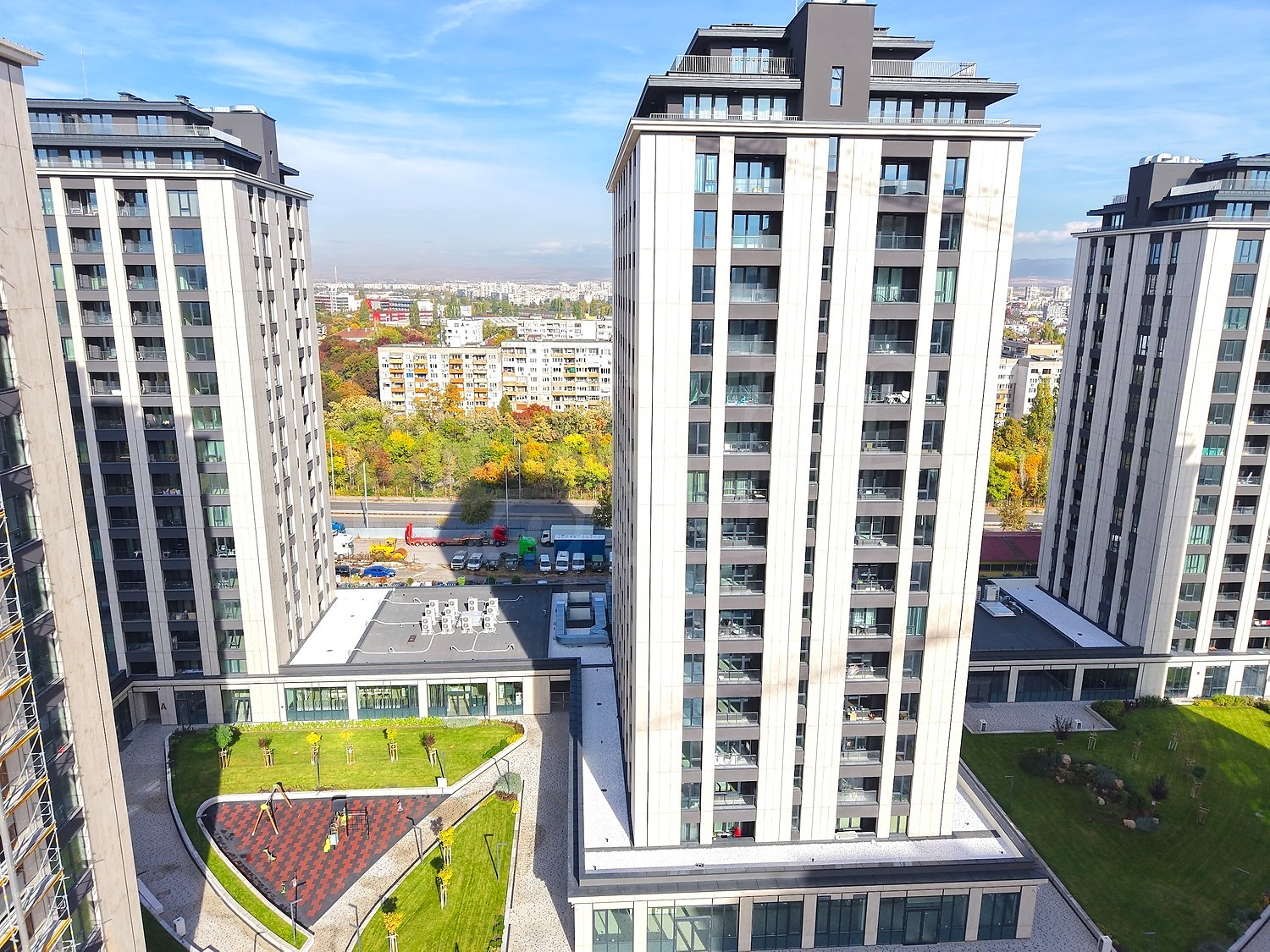 outside, facade, view from balcony, green area