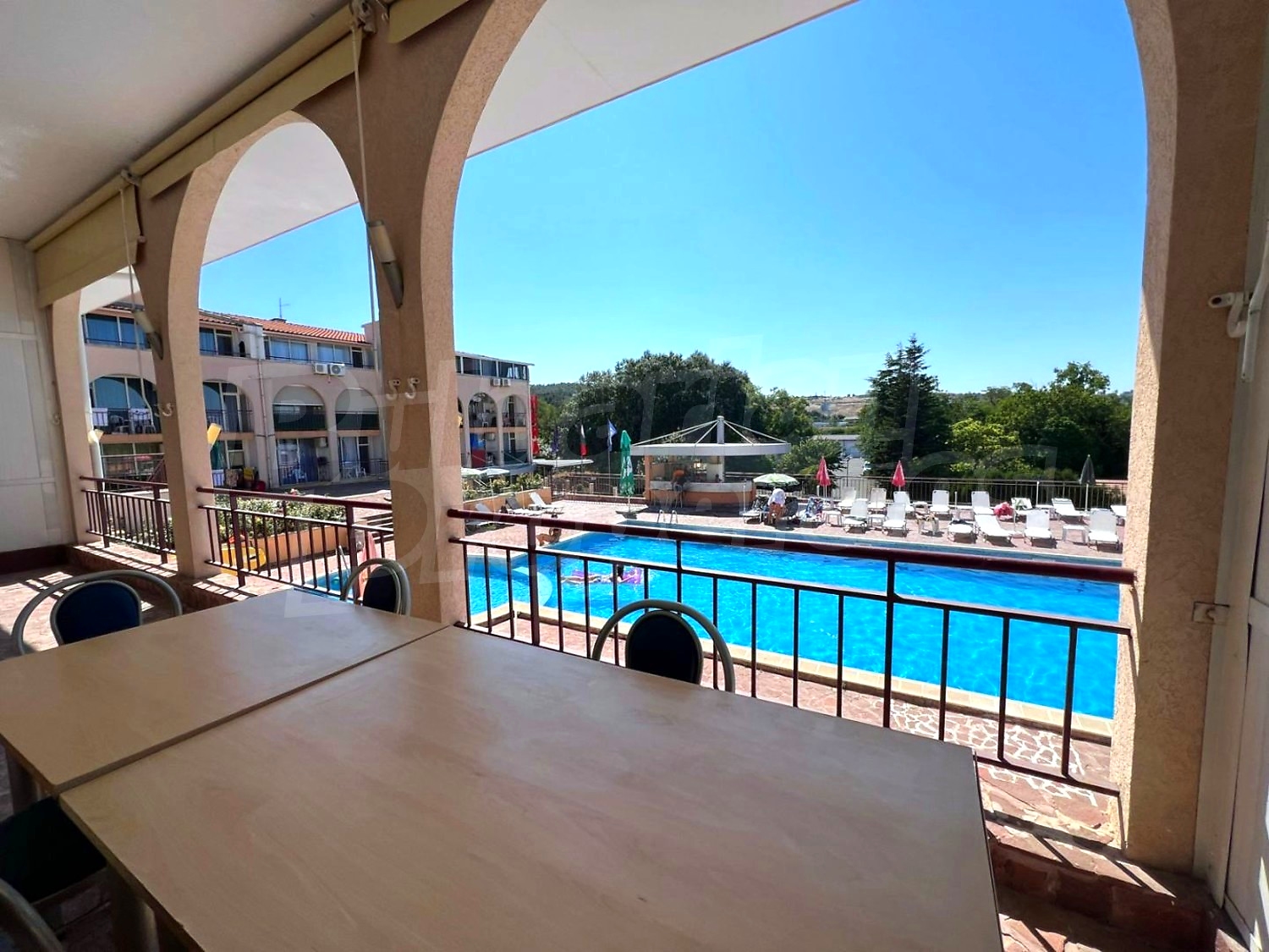 balcony, pool, outside, view from balcony
