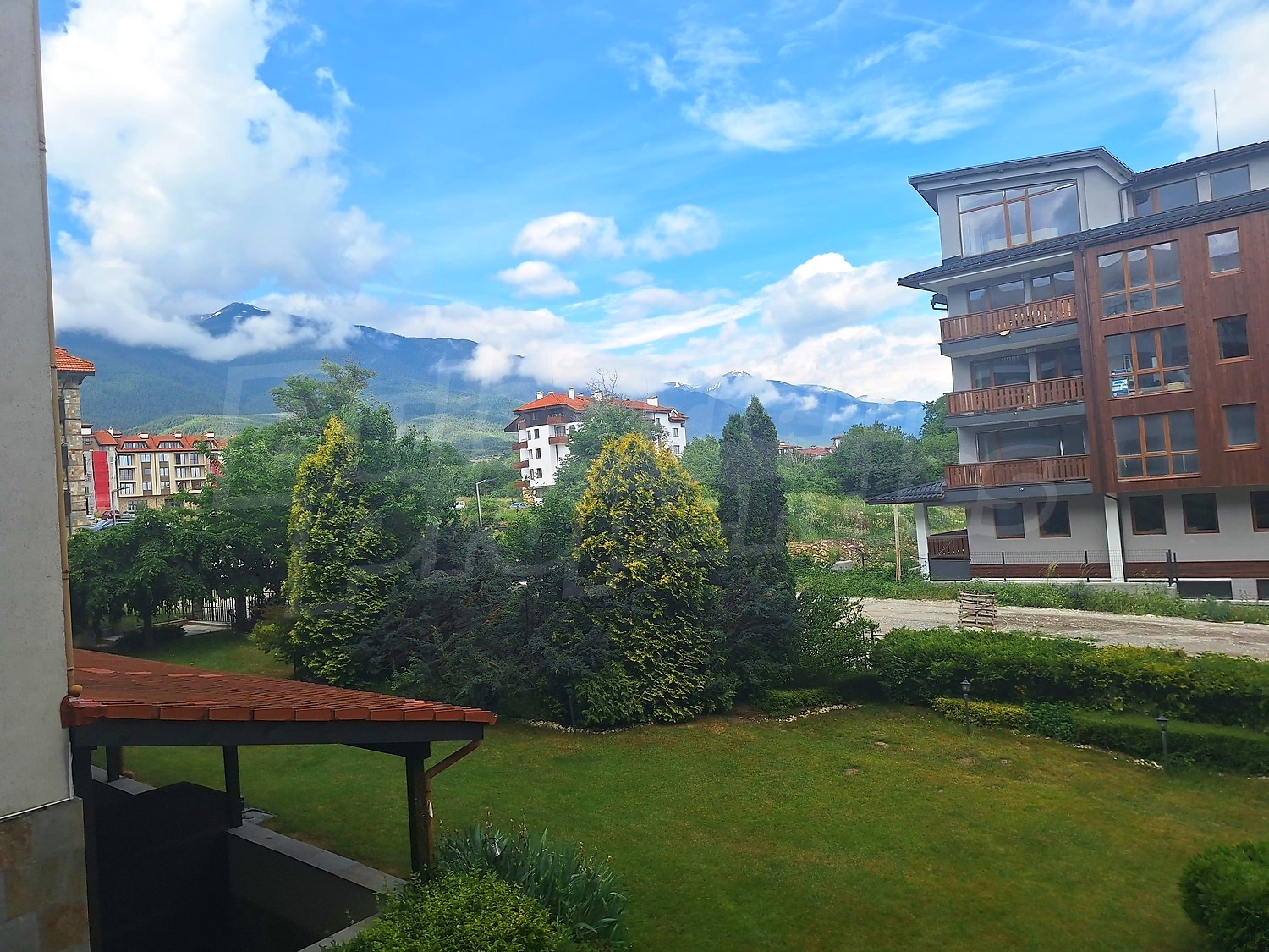 outside, view from balcony, facade, garden, mountain, green area