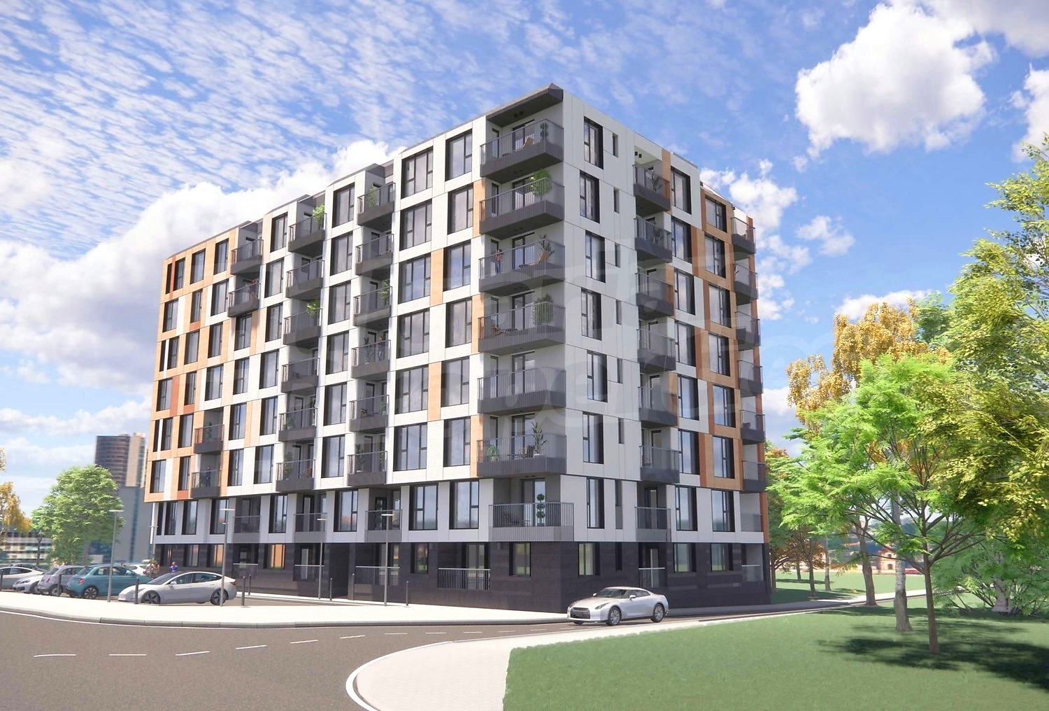 facade, outside, parking, green area