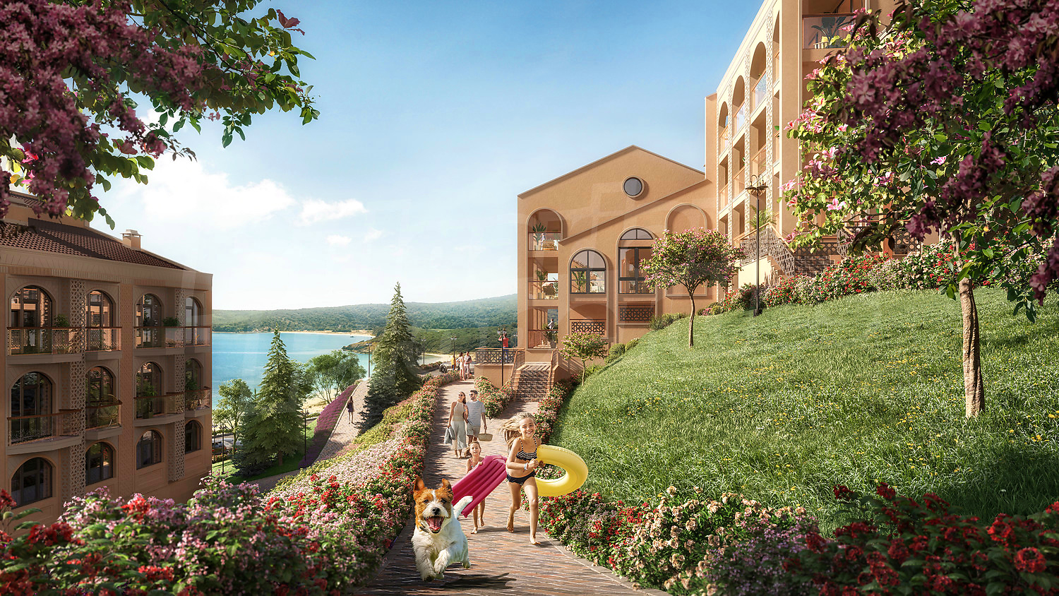 outside, garden, view from balcony, facade, green area, sea