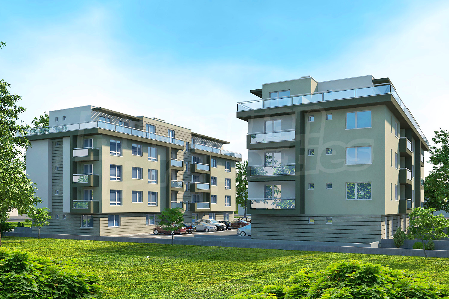 facade, parking, green area, outside