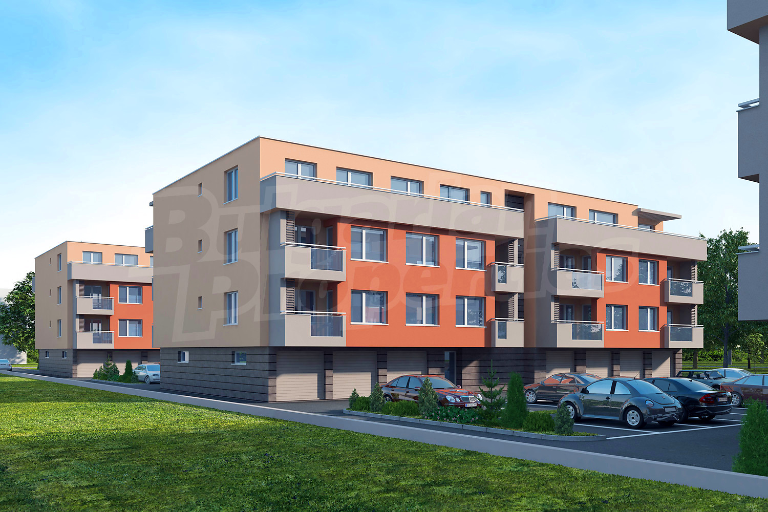 facade, parking, outside, green area