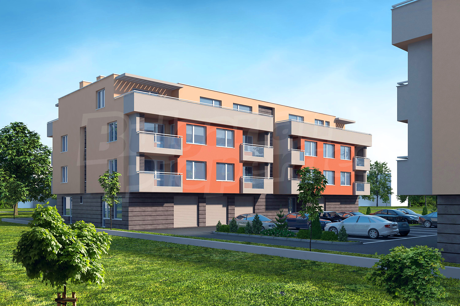 outside, facade, parking, green area