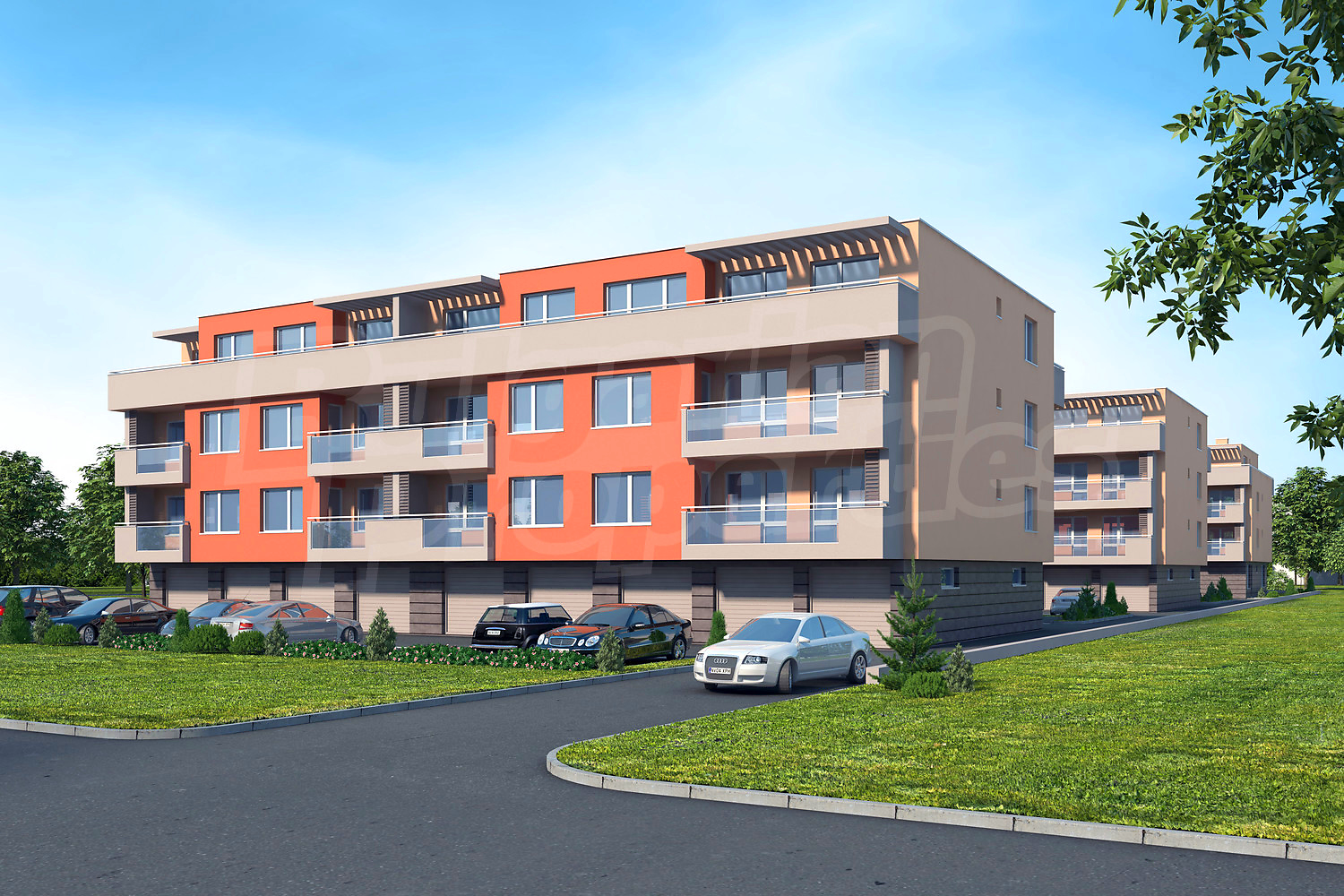 outside, facade, parking, green area