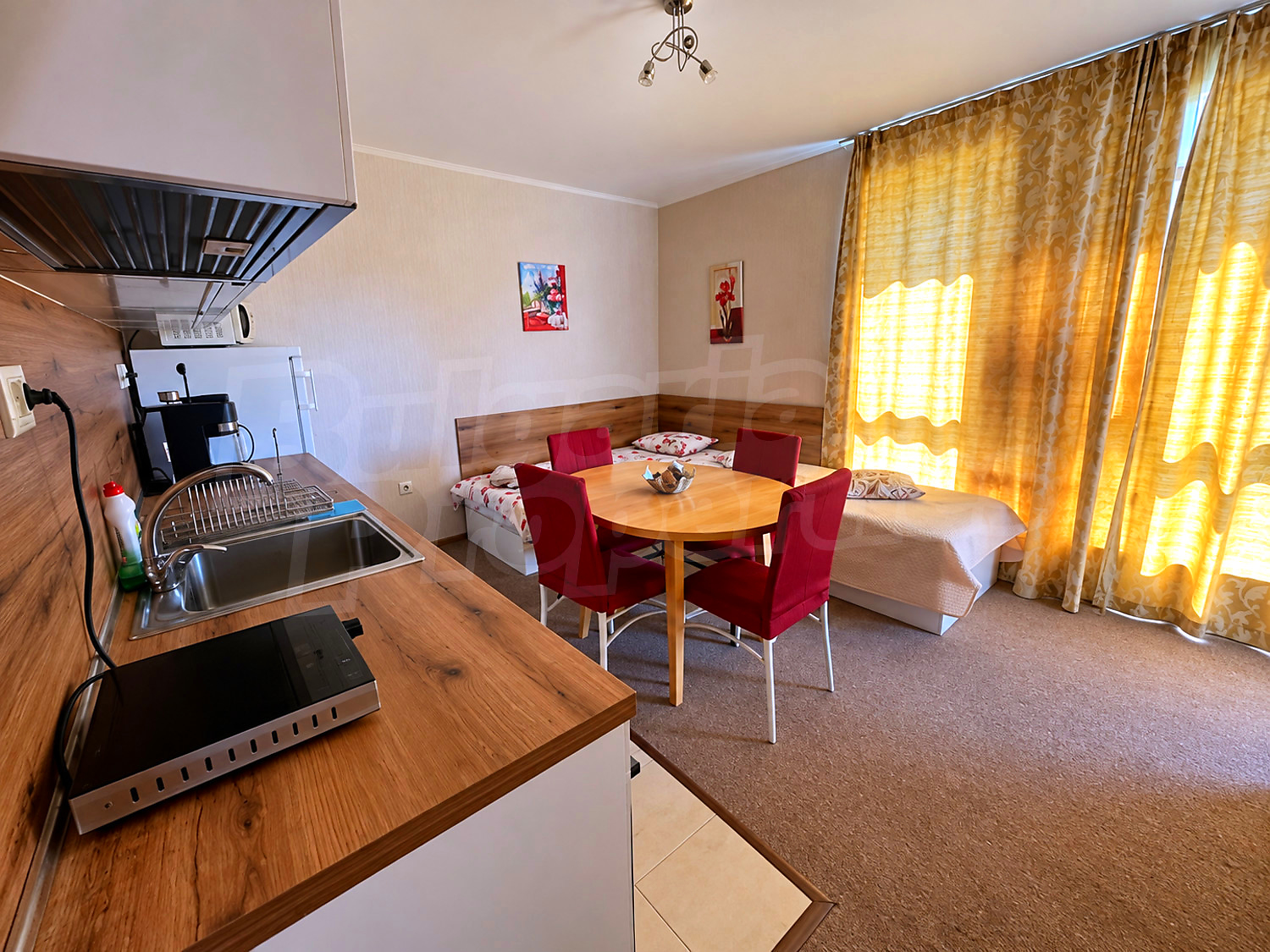 inside, kitchen, living room, furnished