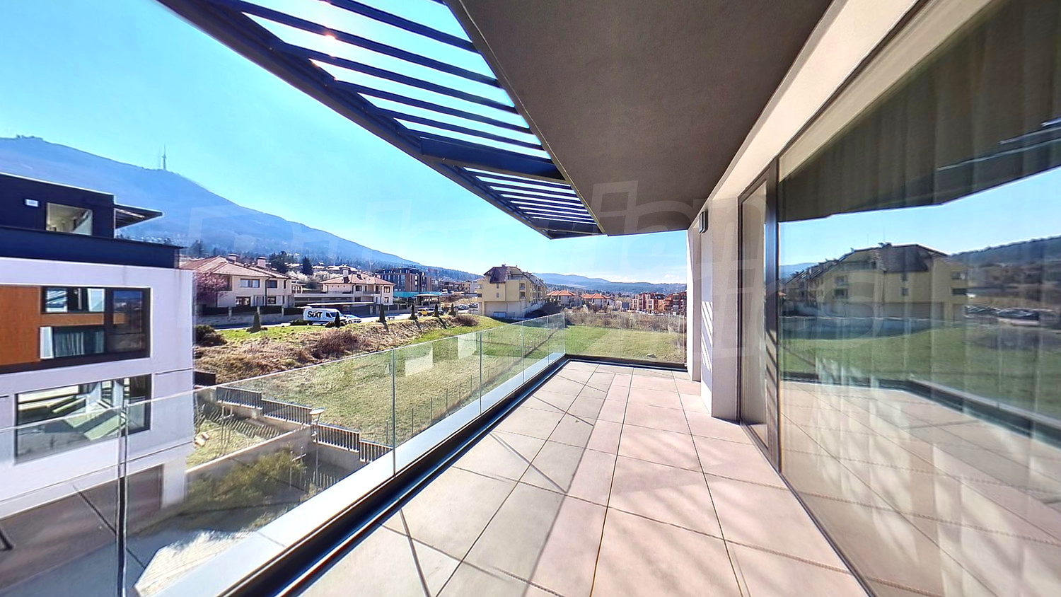 balcony, view from balcony, mountain, facade, green area