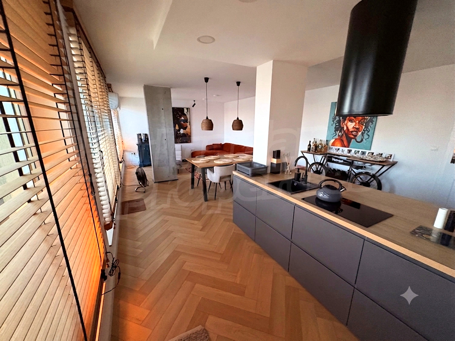 inside, kitchen, living room, furnished