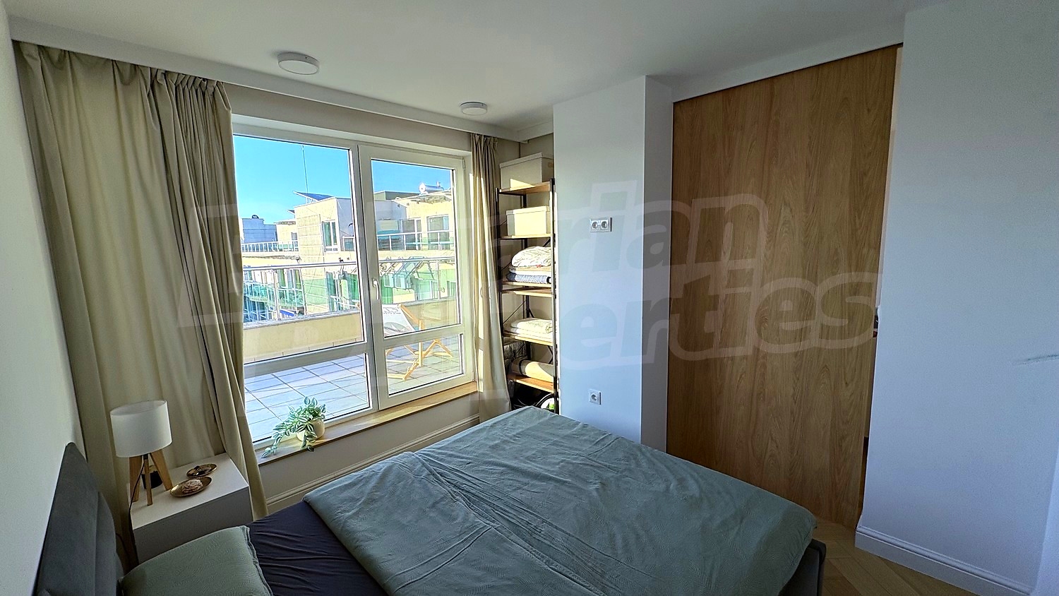 inside, bedroom, balcony, view from balcony, furnished