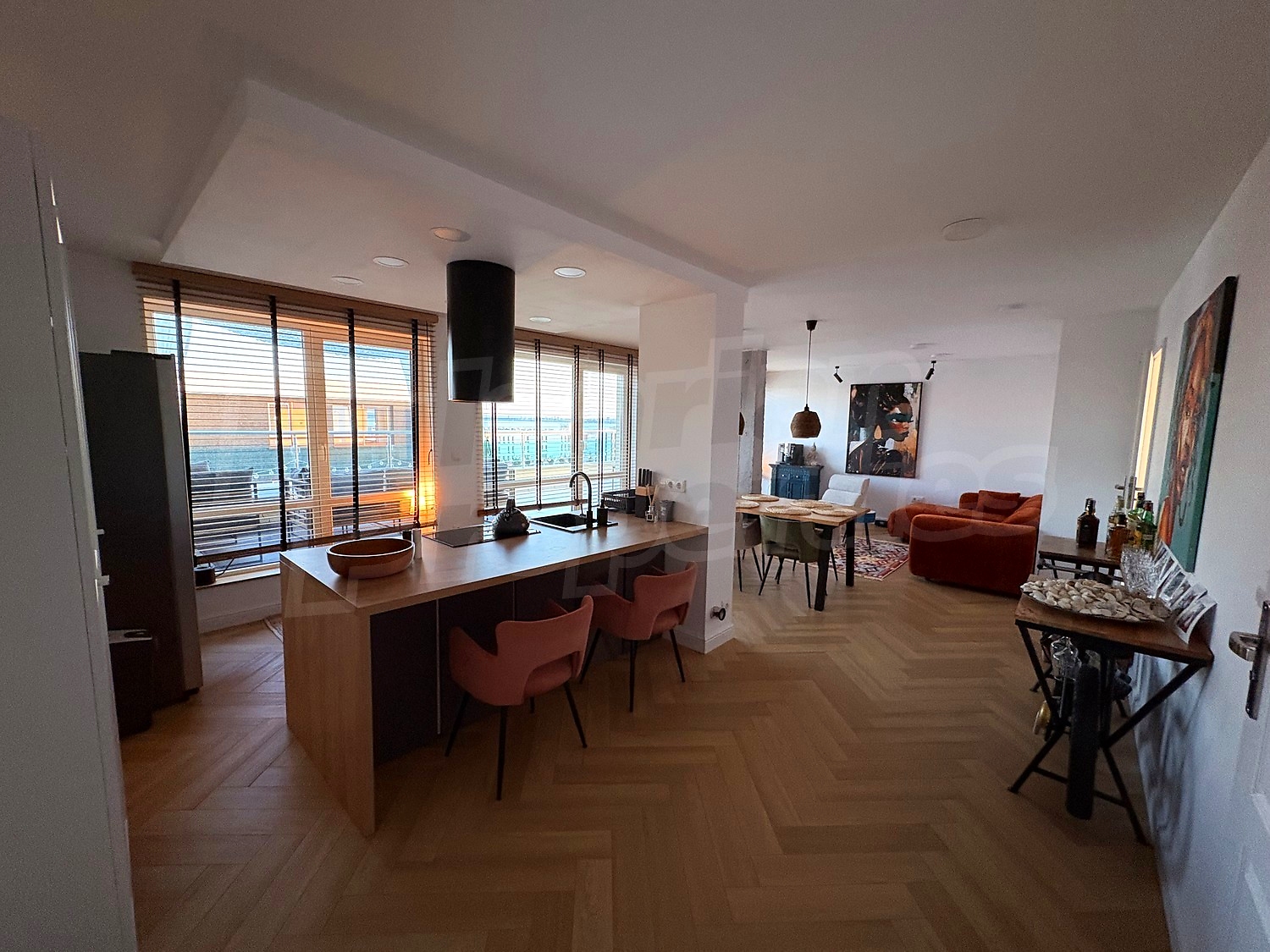 inside, kitchen, living room, furnished