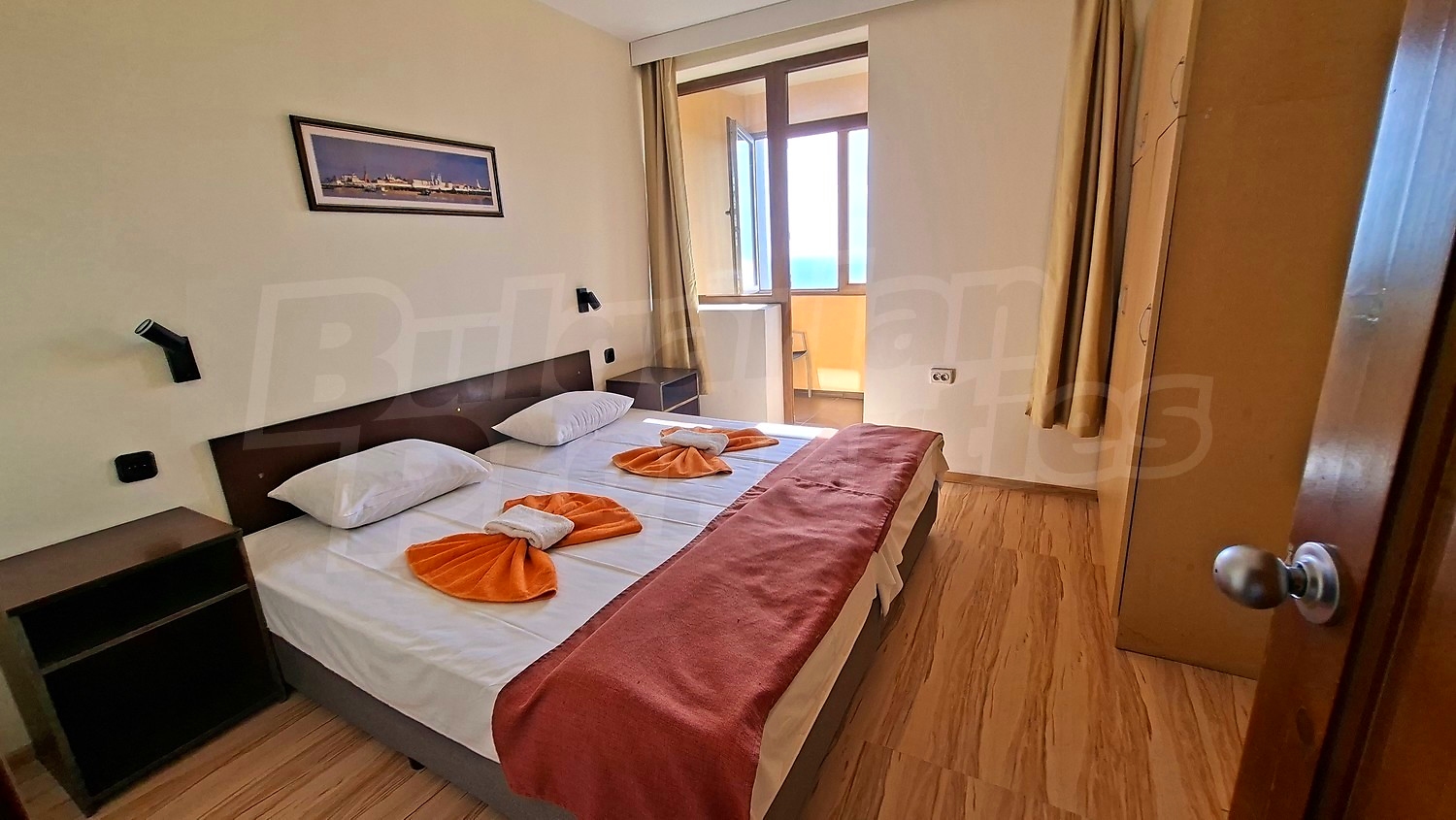 inside, bedroom, furnished, view from balcony