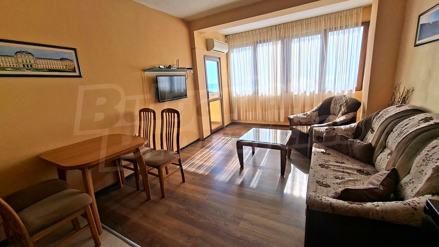 inside, living room, furnished, view from balcony