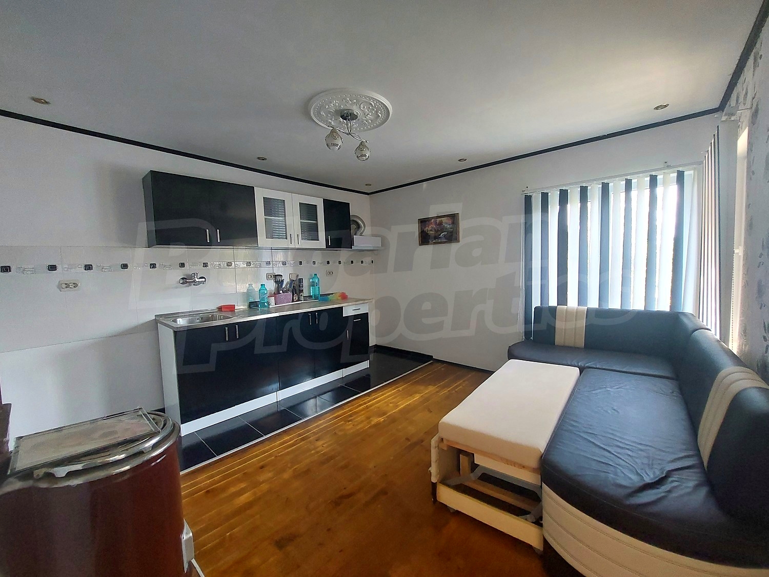 inside, kitchen, living room, furnished
