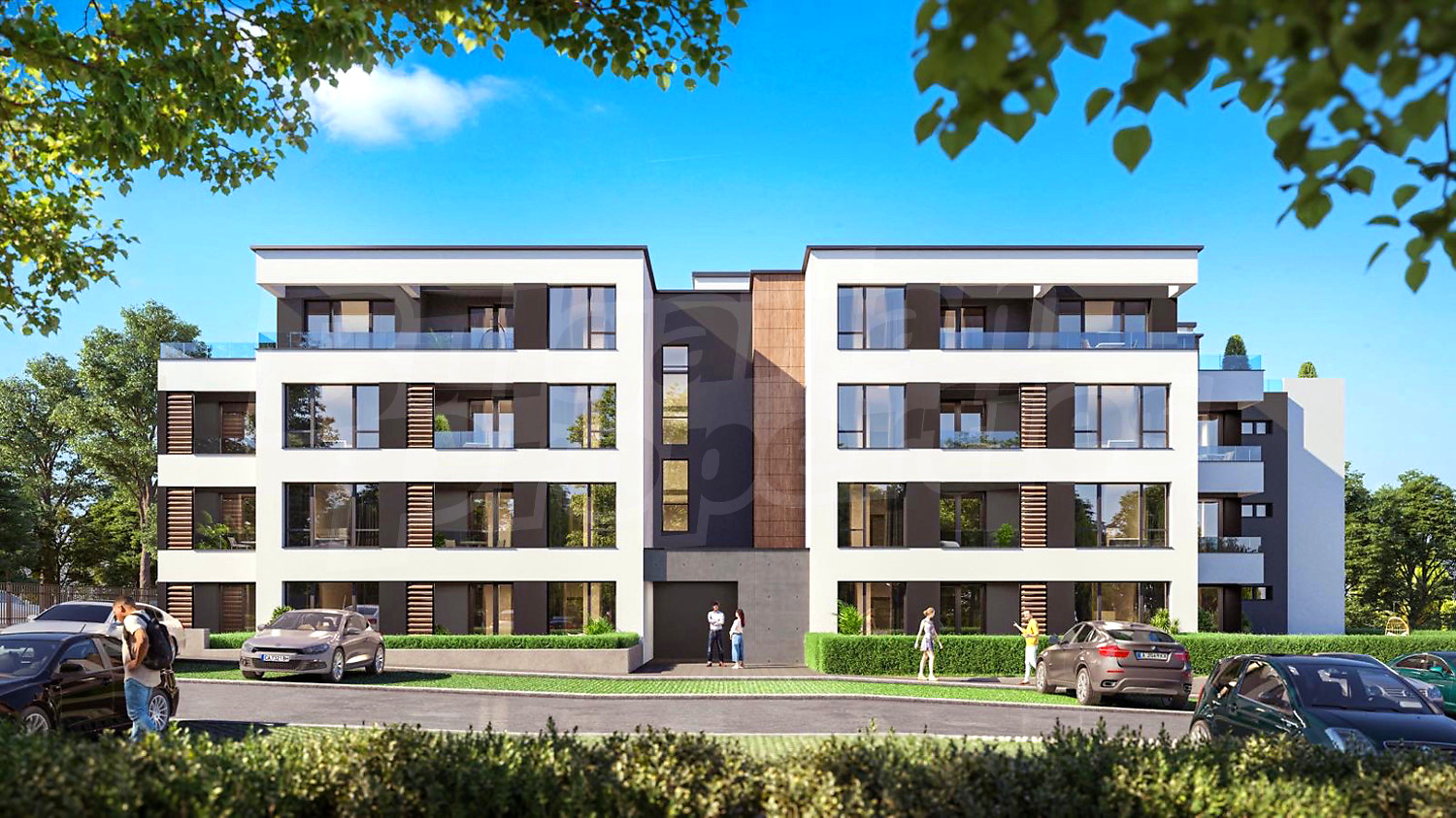 facade, outside, parking, green area