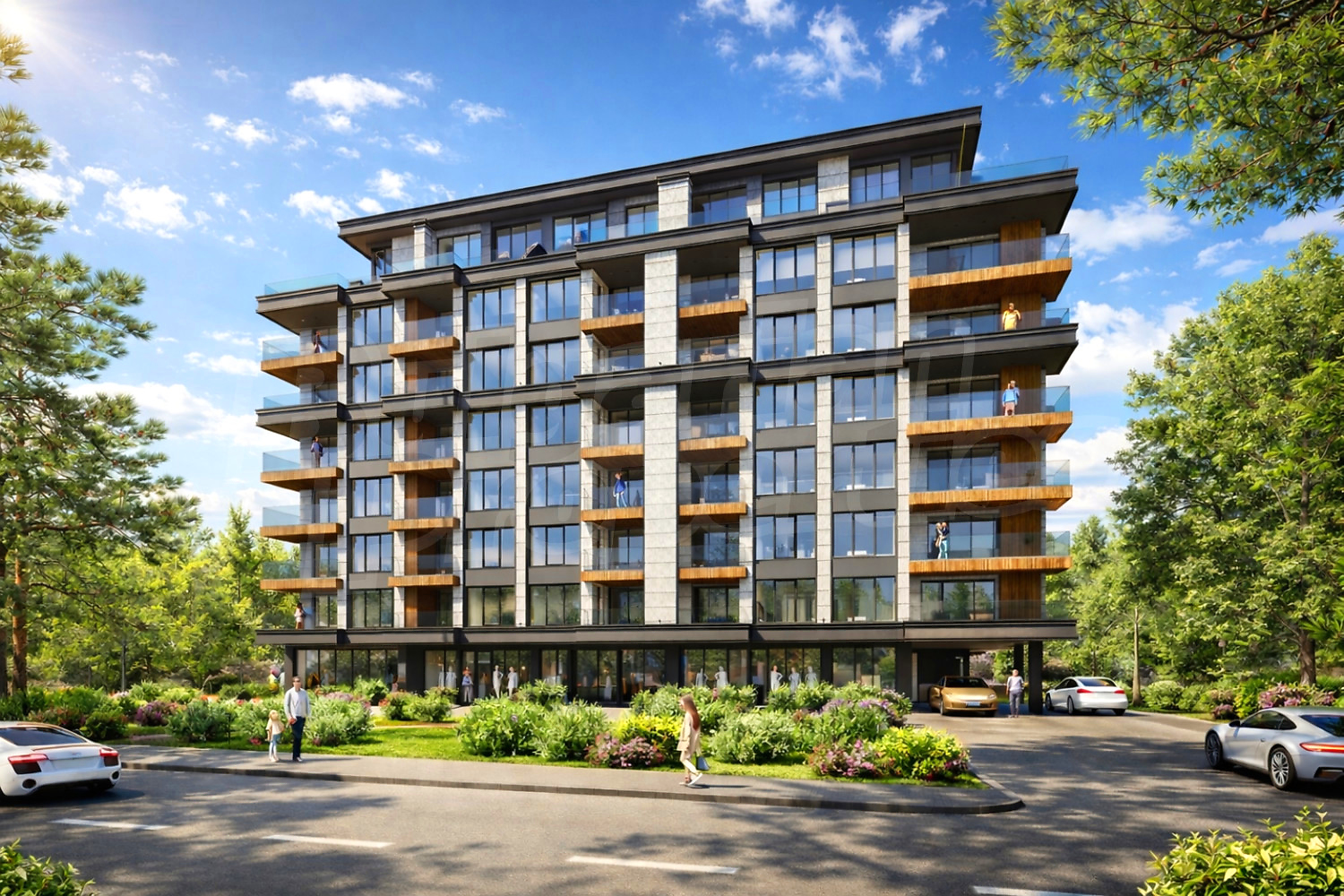 facade, outside, garden, parking, green area