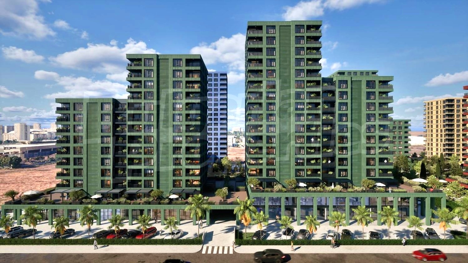 facade, outside, parking, green area