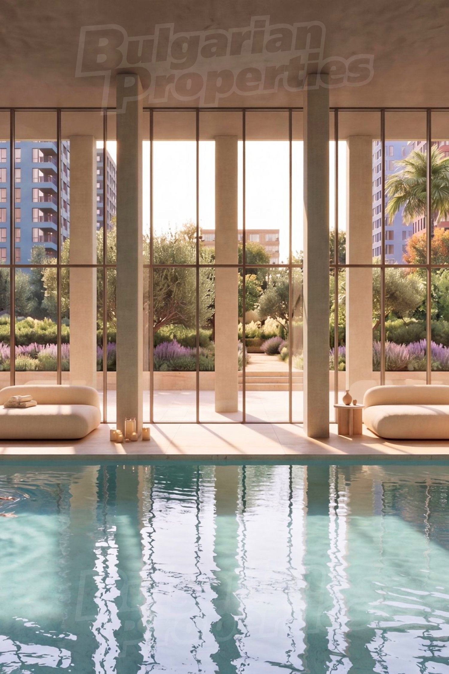 pool, inside, view from balcony, green area