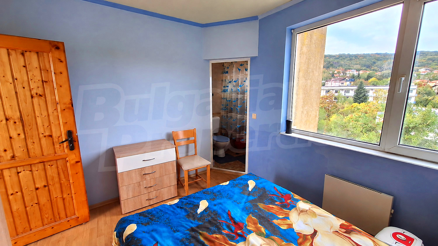 inside, bedroom, bathroom, view from balcony, furnished