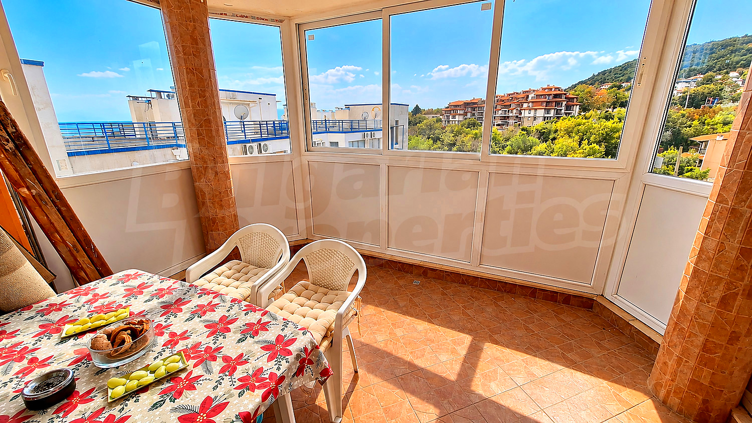 balcony, furnished, view from balcony, outside, mountain, green area
