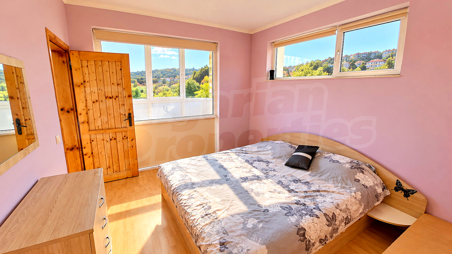 inside, bedroom, view from balcony