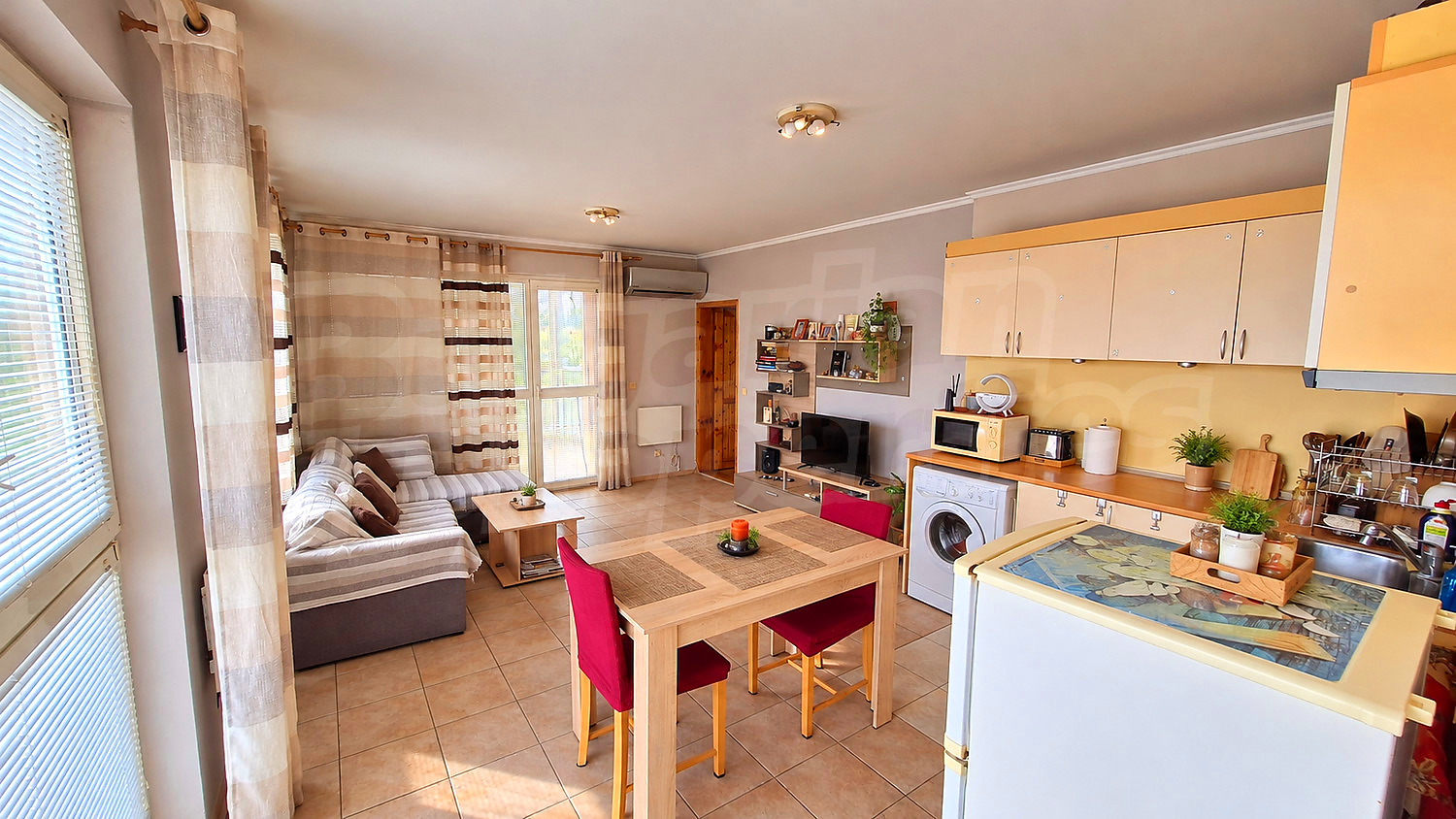inside, kitchen, living room, furnished