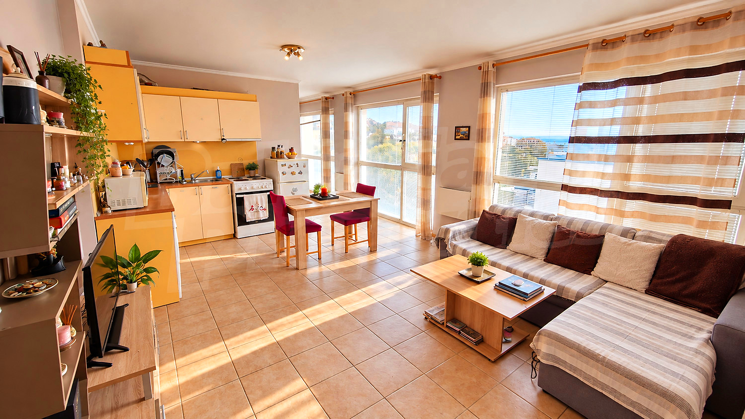 inside, kitchen, living room, furnished