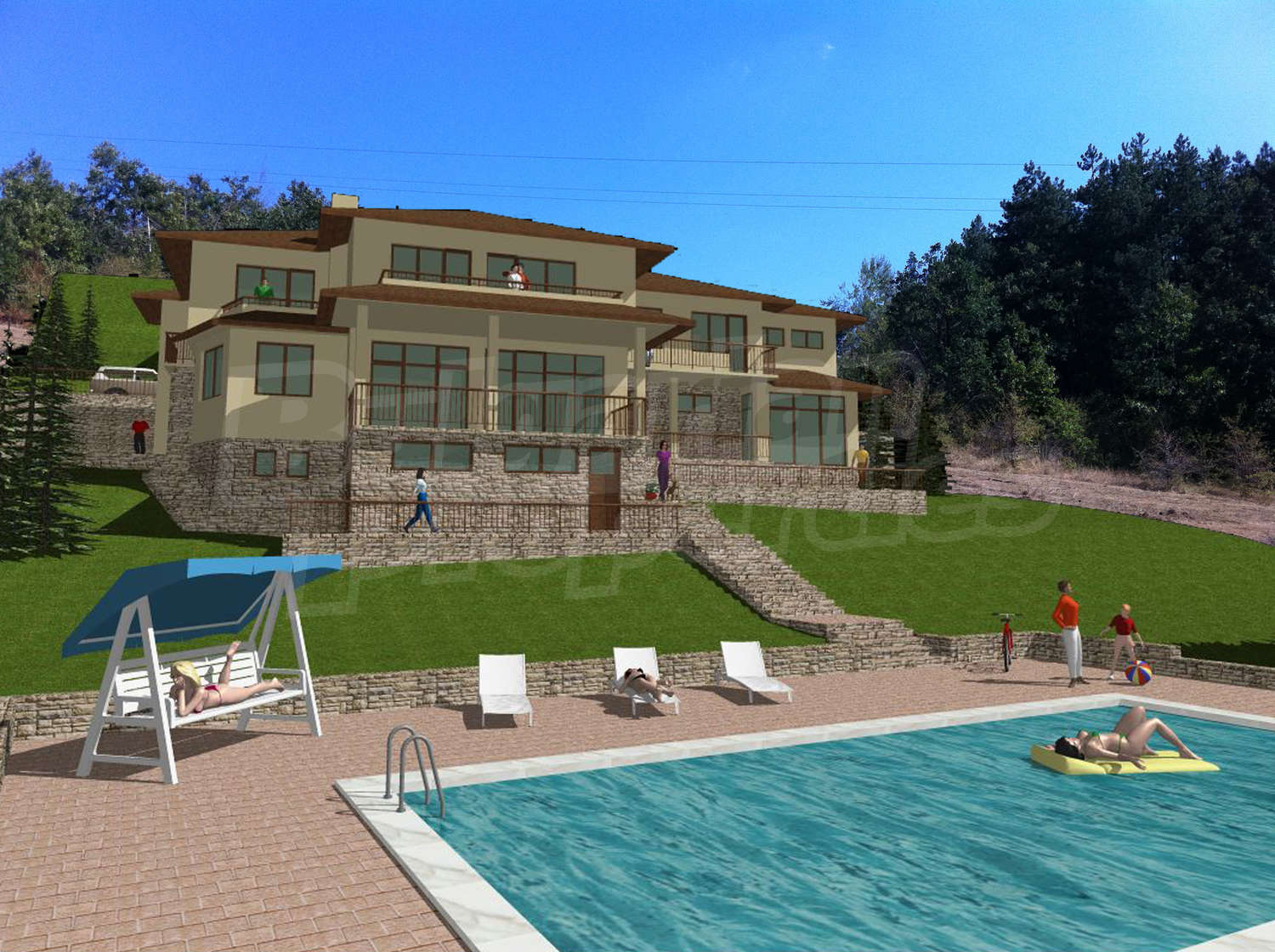 outside, pool, garden, facade, green area