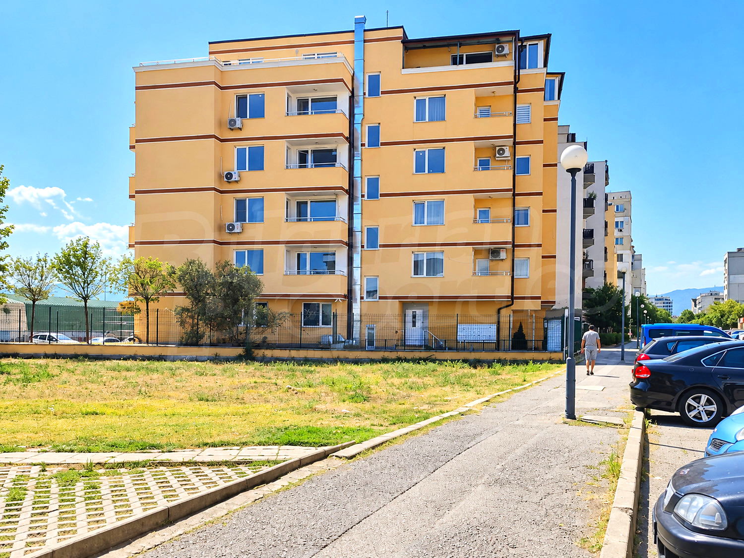outside, facade, parking, green area