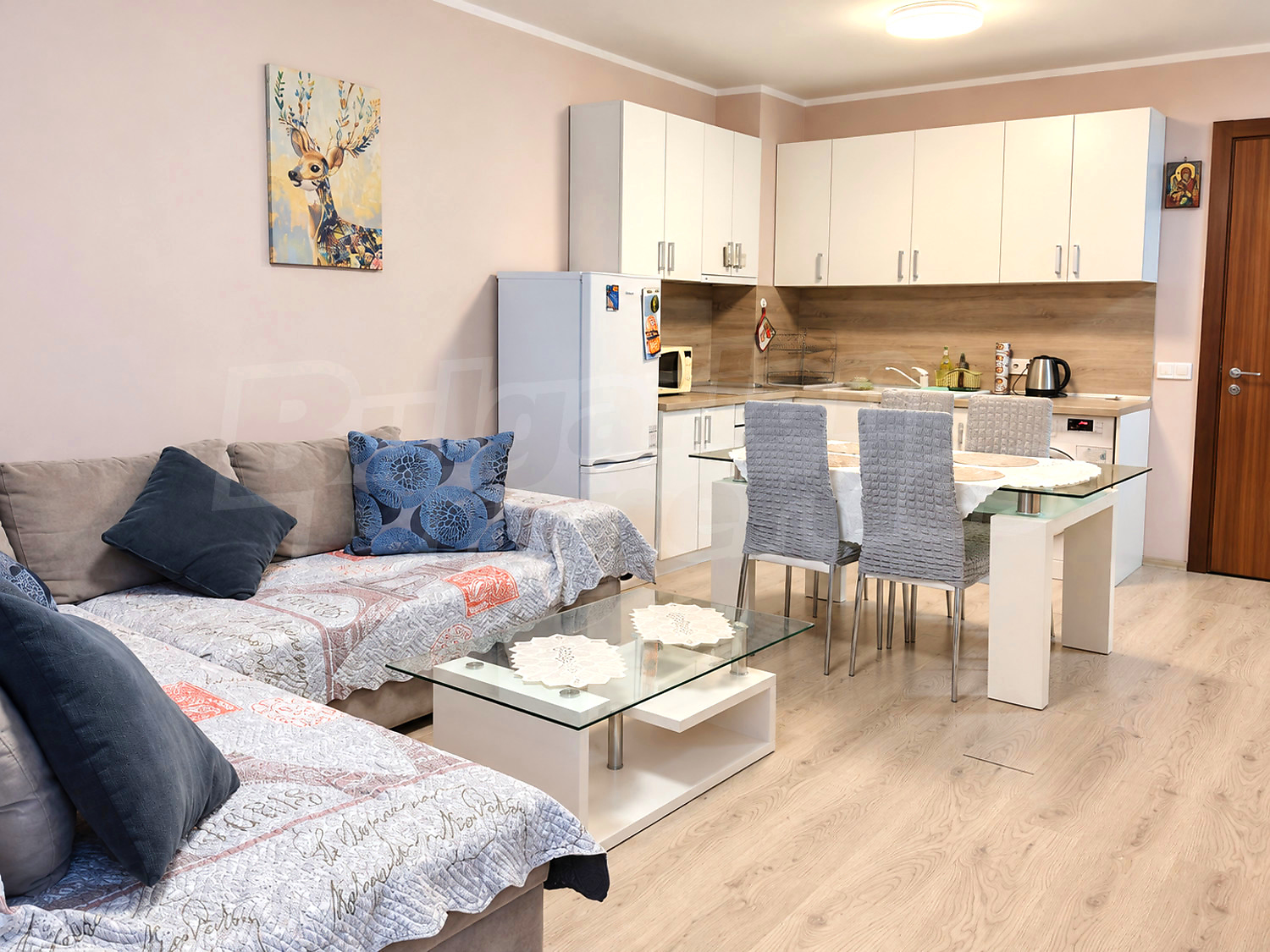 inside, kitchen, living room, furnished