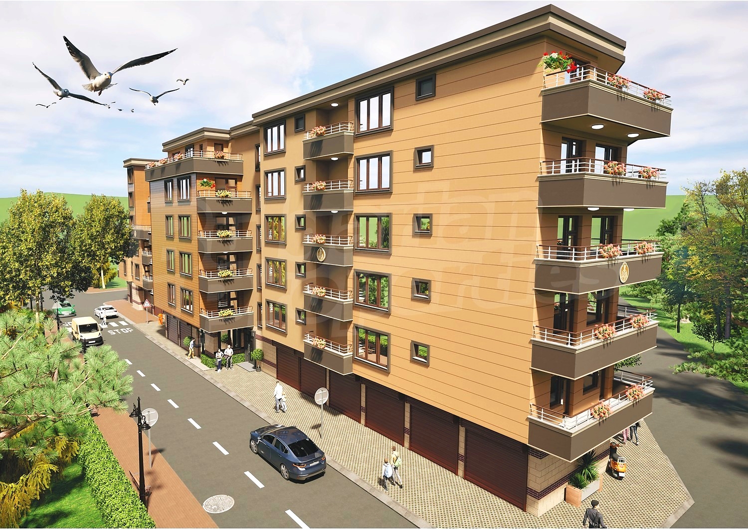 facade, outside, view from balcony, green area