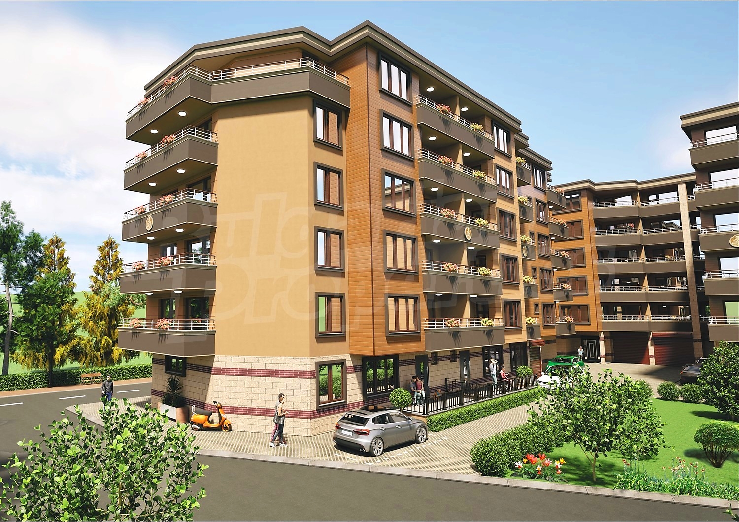 facade, outside, parking, green area