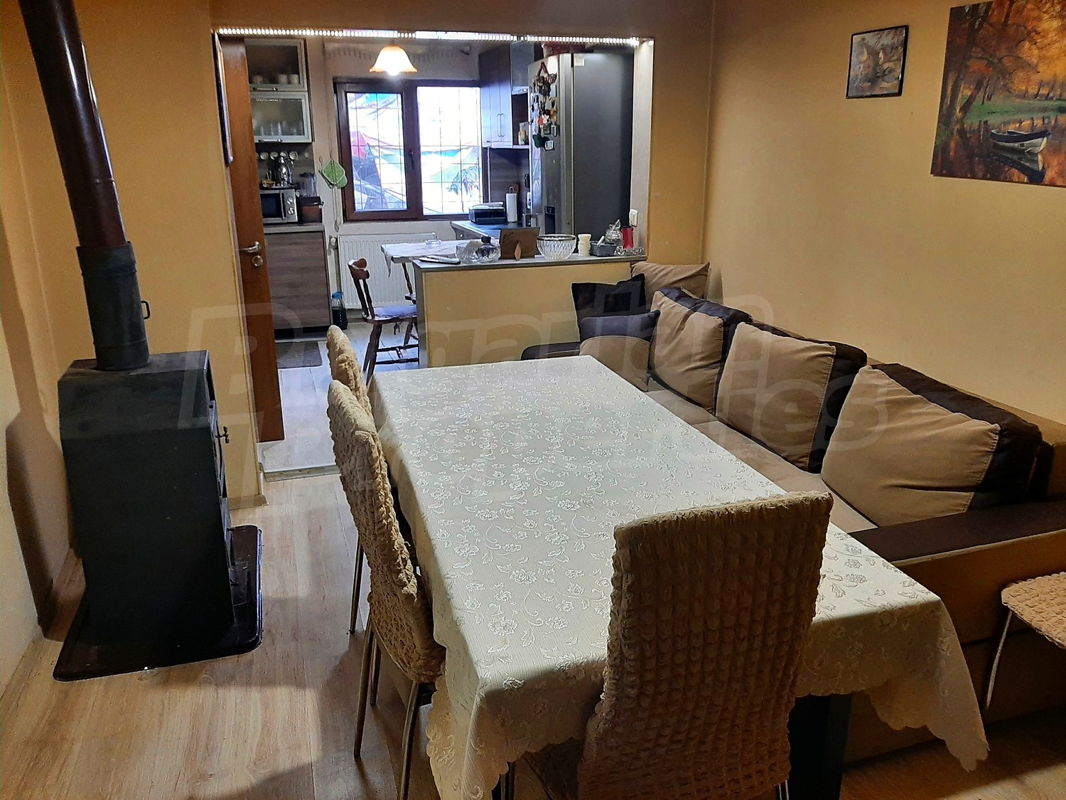 inside, kitchen, living room, furnished