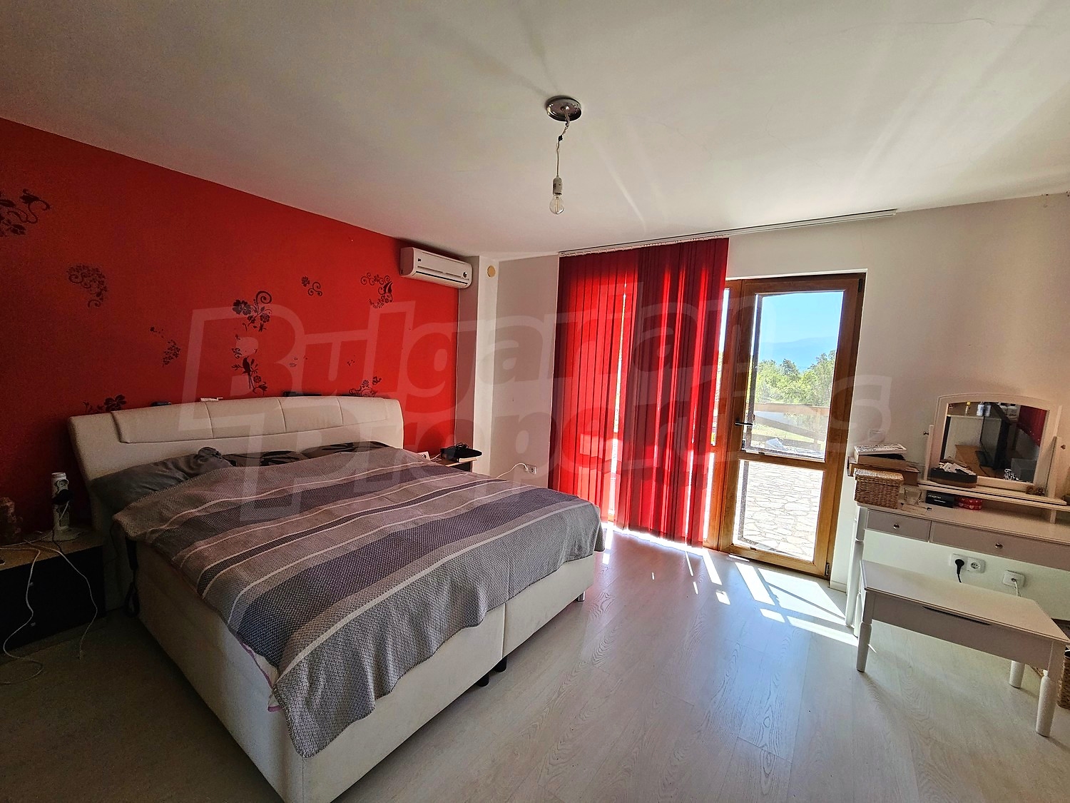 inside, bedroom, furnished, view from balcony