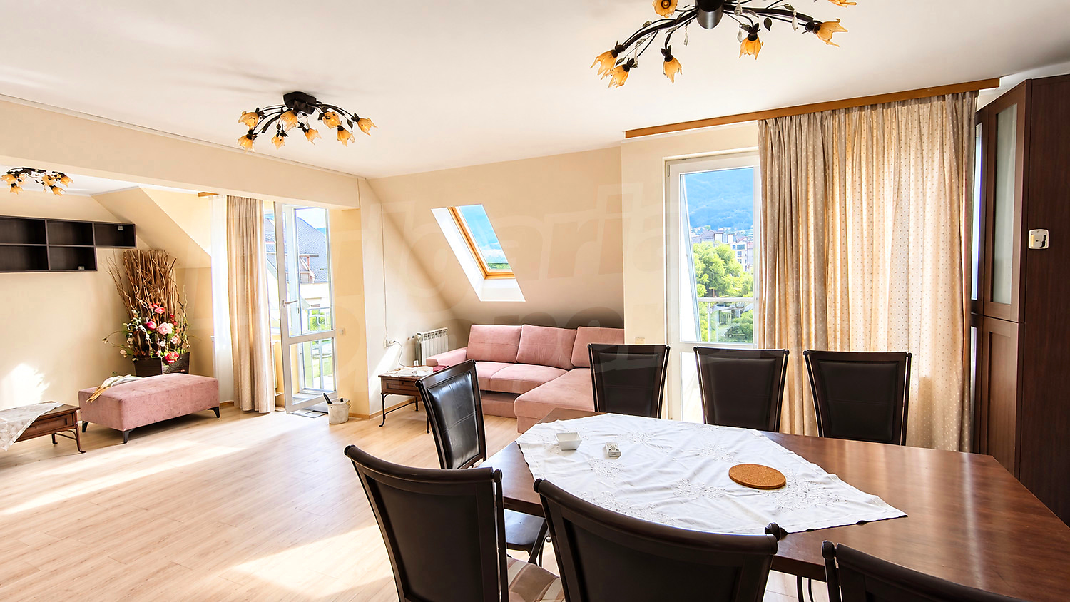 inside, living room, furnished, view from balcony