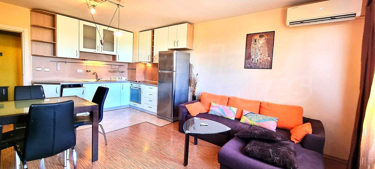inside, kitchen, living room, furnished