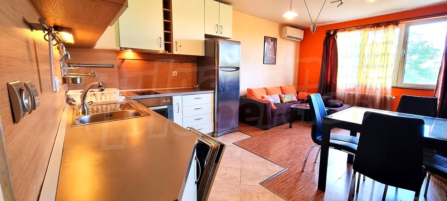 inside, kitchen, living room, furnished