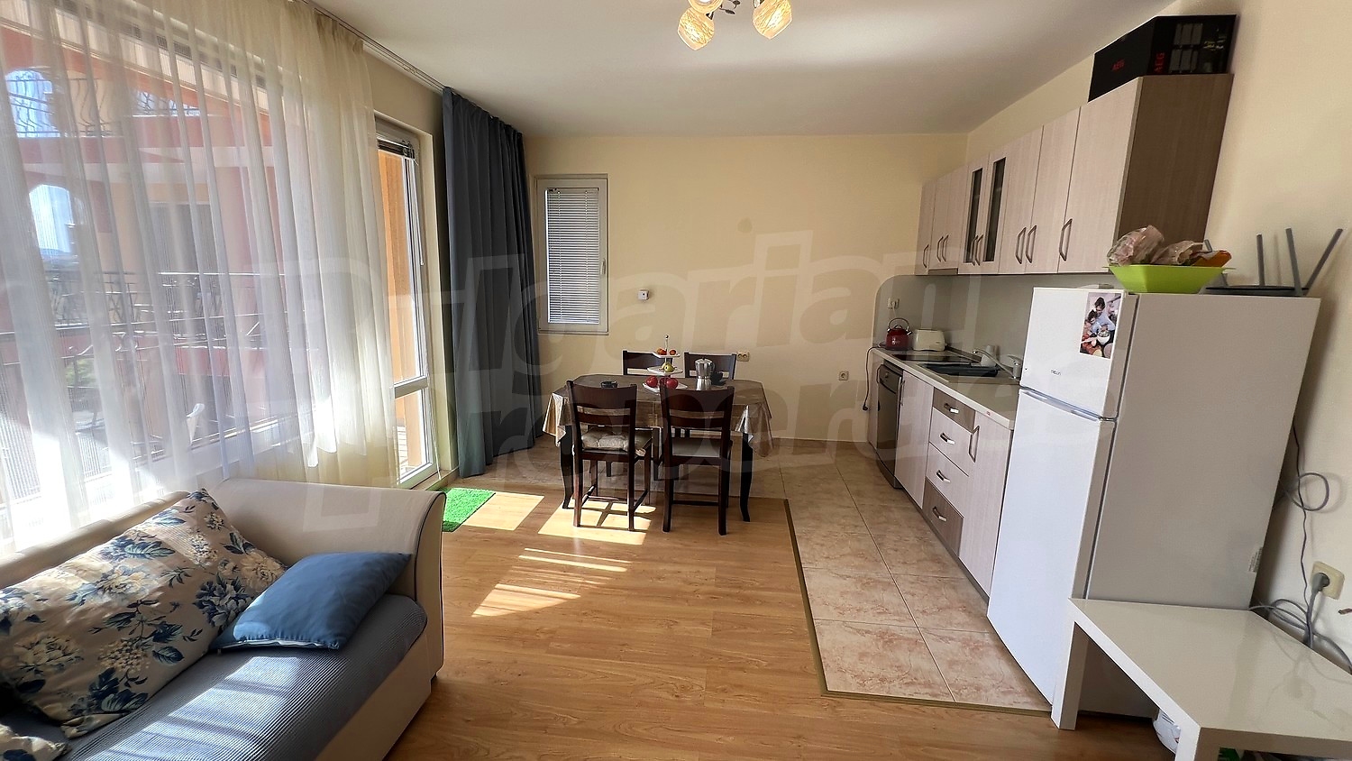 inside, kitchen, living room, furnished