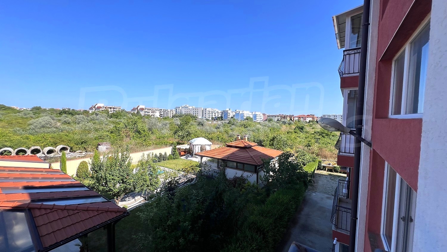 outside, view from balcony, facade, garden, green area