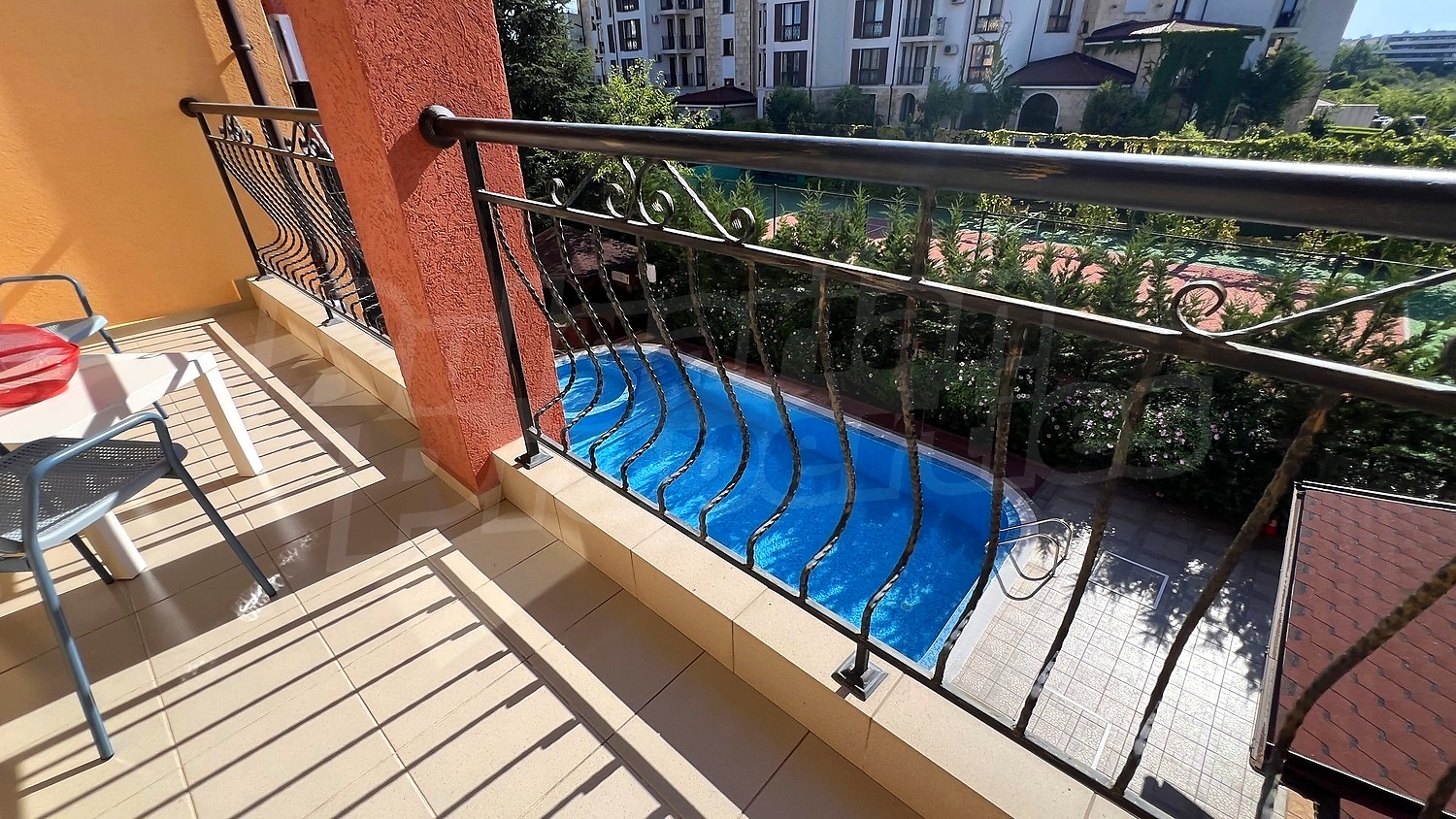 balcony, pool, outside, view from balcony