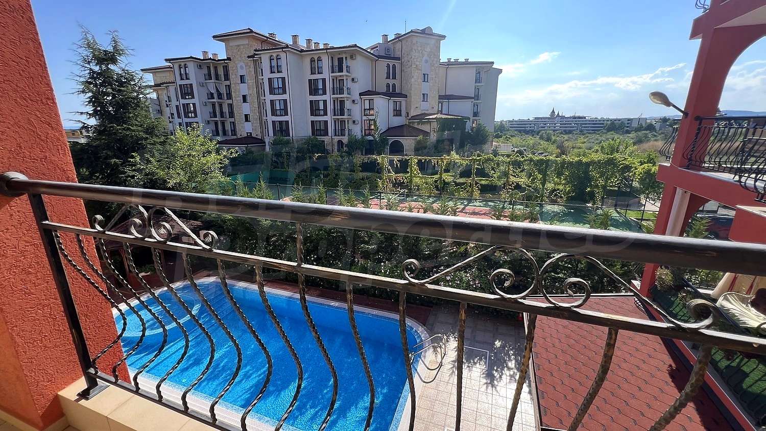 balcony, pool, outside, view from balcony, garden