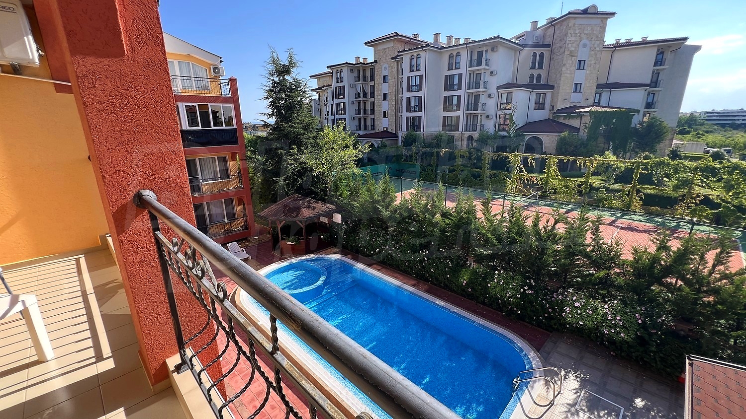 balcony, outside, pool, garden, view from balcony
